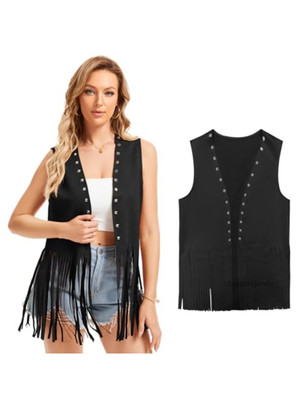 Faux Suede Fringe Vest 60s 70s Hippie Cowgirl Western Rivet Tassel Womens